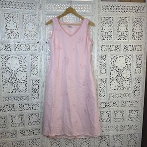 Vtg Linen Blend Pink Midi Dress Sz 8 Coquette V Neck Embroidered Cottage Granny